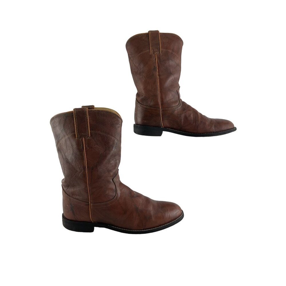 Men's Justin Brown Leather Marble Round Toe Roper Western Boots Size 9 D